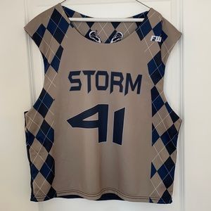Mens F2W Long Island Storm Reversible Lacrosse Lax Jersey Blue and Tan L/XL Used
